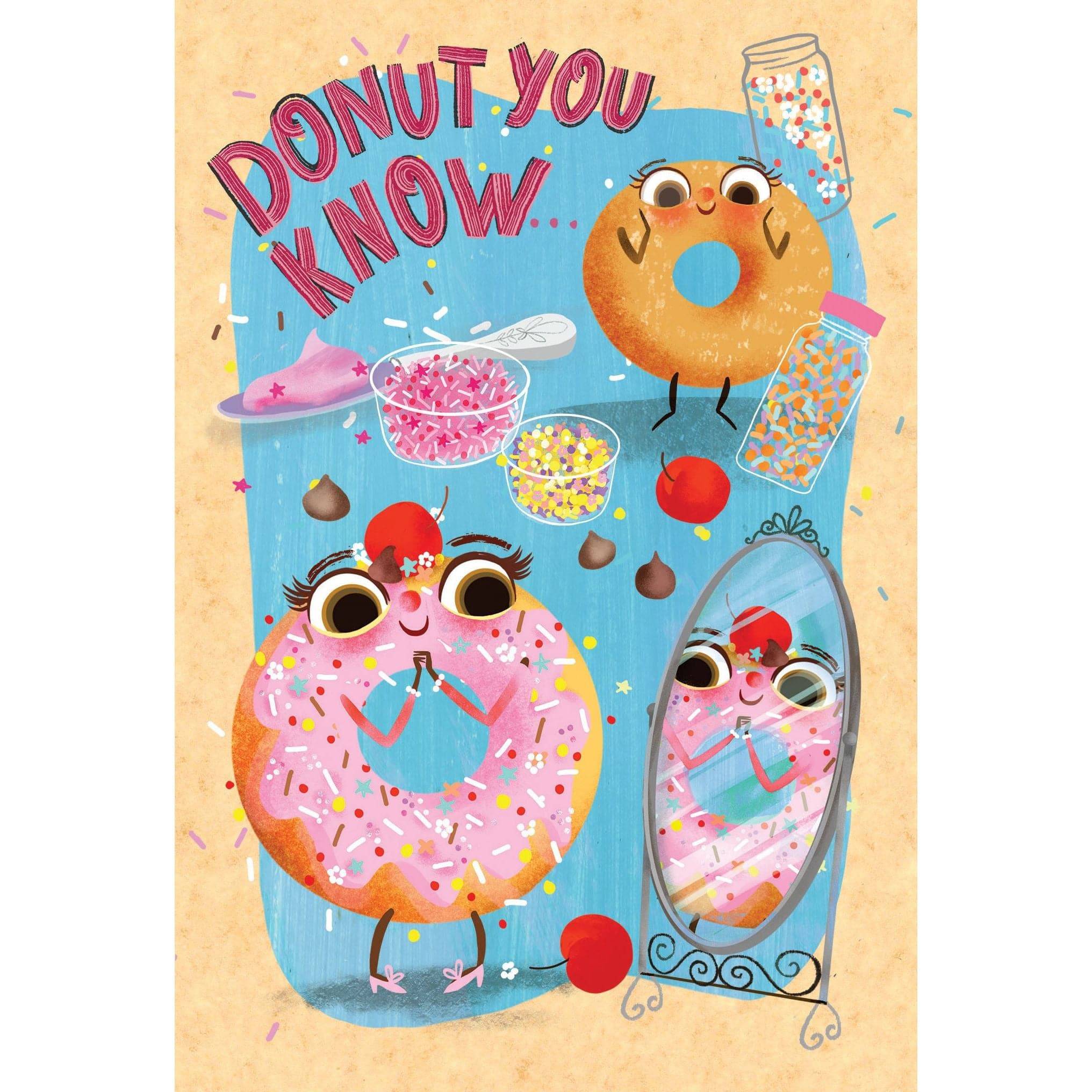 Pictura Donut You Know birthday card featuring colorful donut illustrations, perfect for sending cheerful greetings to friends.